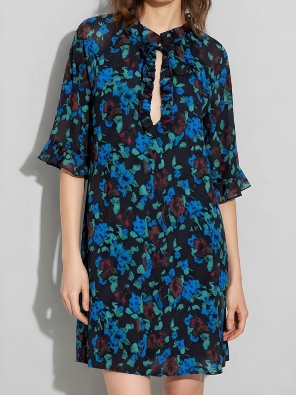 NWOT 36 (US 4) GANNI Flouncy Mini Dress in Meadow Azure Blue Floral Print